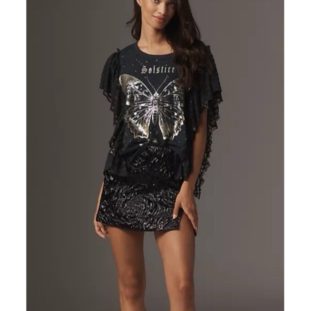Anthropologie Pilcro Womens L Butterfly Tee Black Gold Lace Ruffle Boho Fairy - Picture 2 of 11